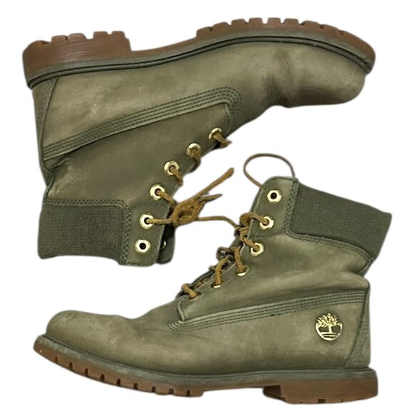 Timberland Premium 6” Women’s Boots Sz 9 Khaki Leather Lace Up Combat Utility - Picture 1 of 8